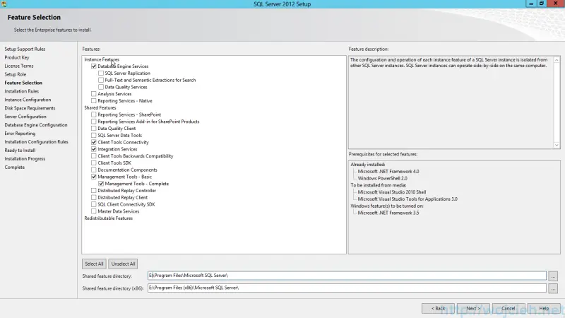 SQL Server 2012 SP1 - Feature Selection&rdquo;